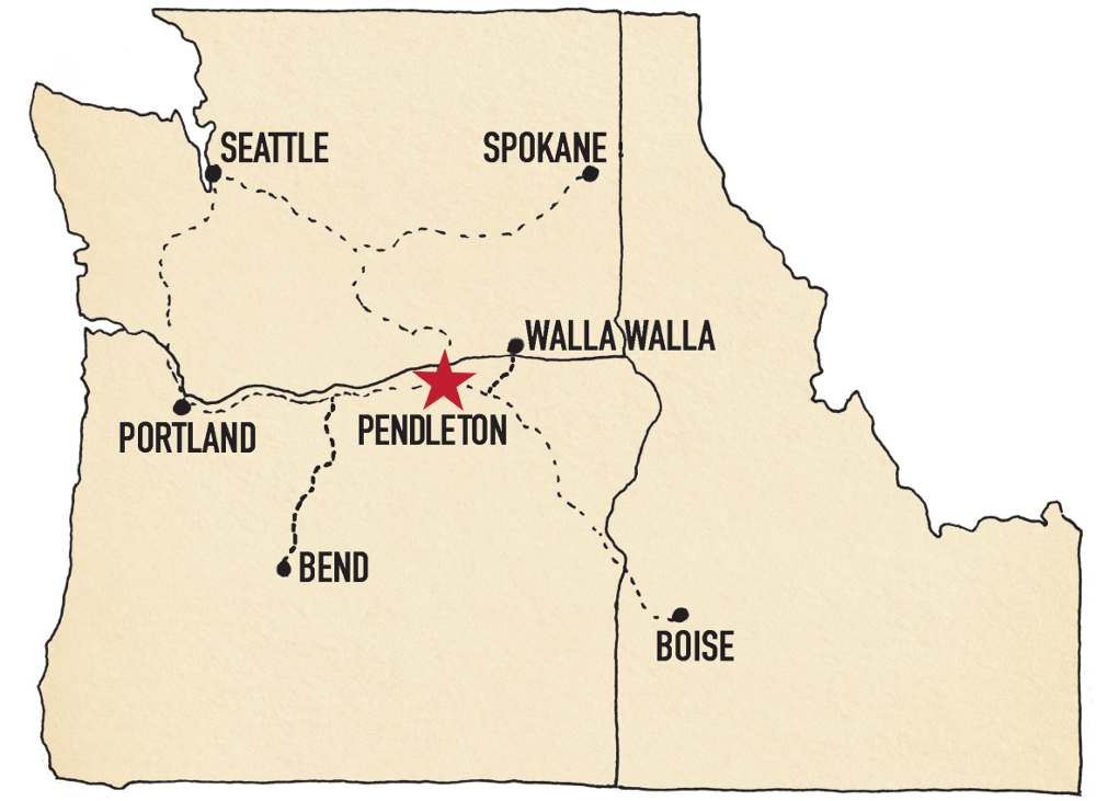 Map of Pendleton Oregon with routes from Idaho and Washington 